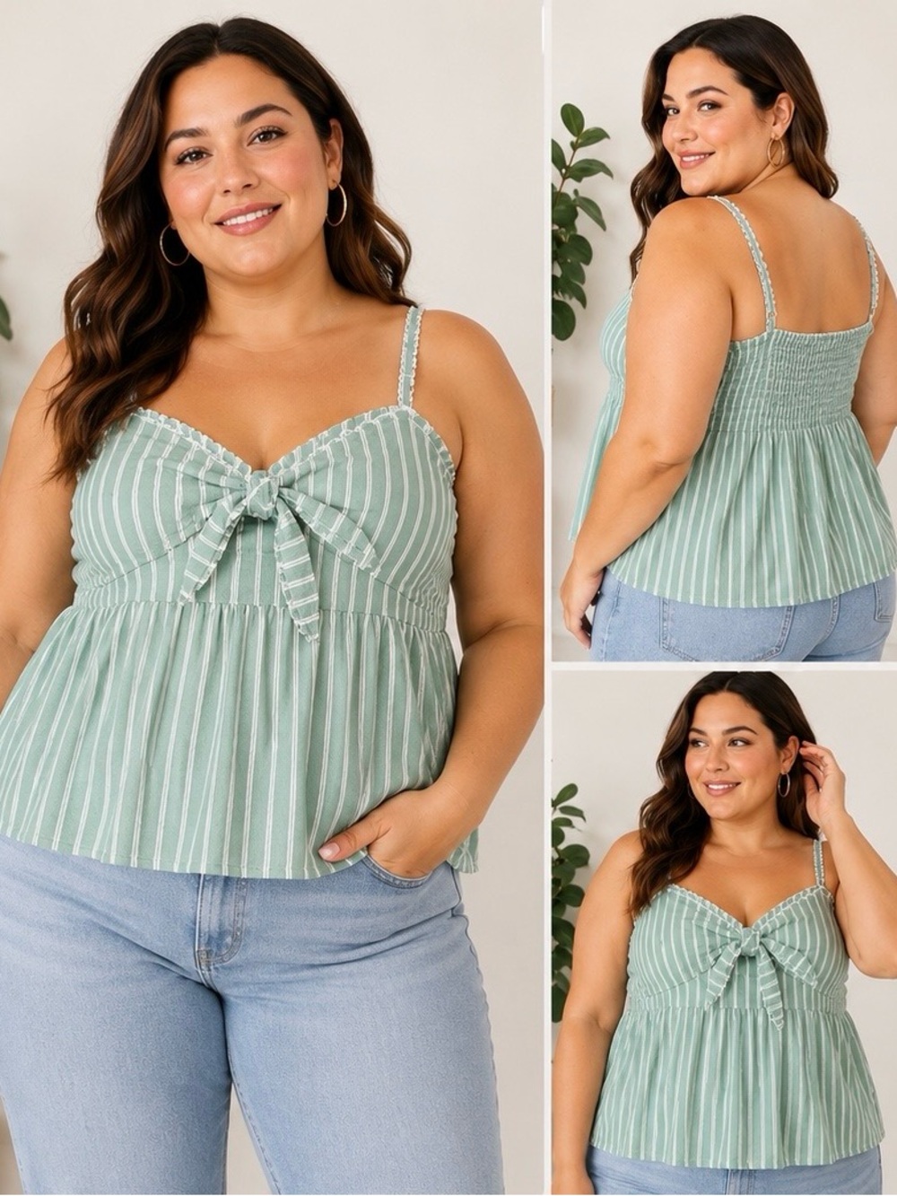 Old Navy Plus Size 3X Green Striped Tie Front Peplum Cami